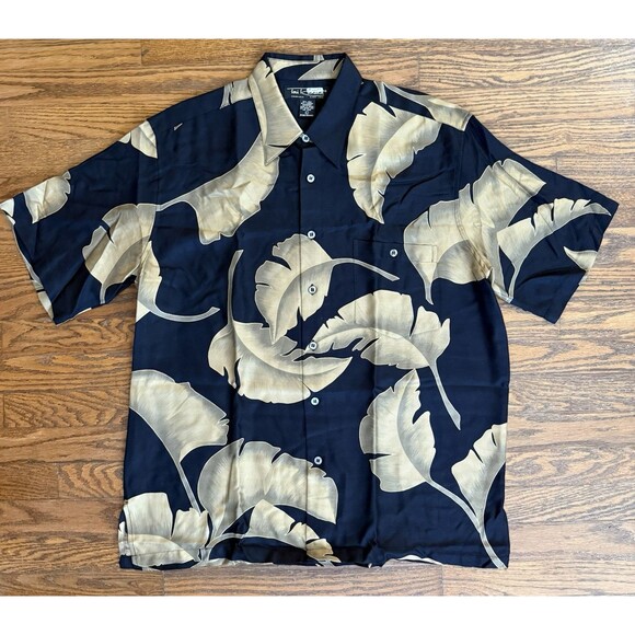 Vintage Tori Richard Shirt Mens Large Black Gold Hawaiian Tropical Floral Leafs - Picture 1 of 9